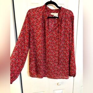 Red Floral LOFT tie neck long sleeve Blouse
